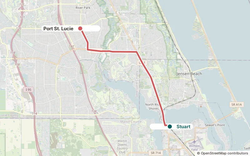 Map of the drive from Port St. Lucie south to Stuart, about 10.8 miles, with the longer route from Tradition shown as a dotted line.