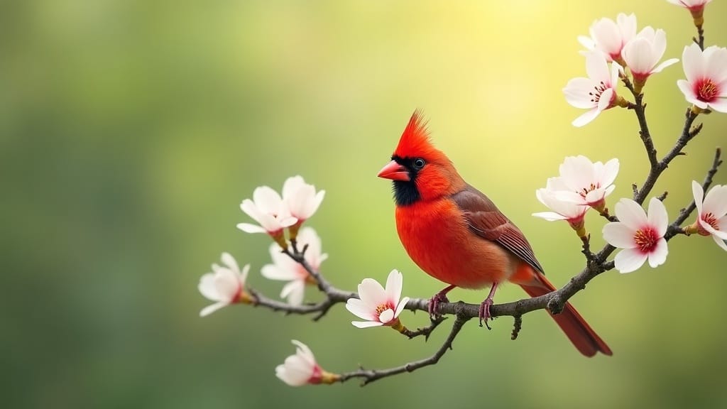 A red cardinal perched on a flowering branch in soft morning light.