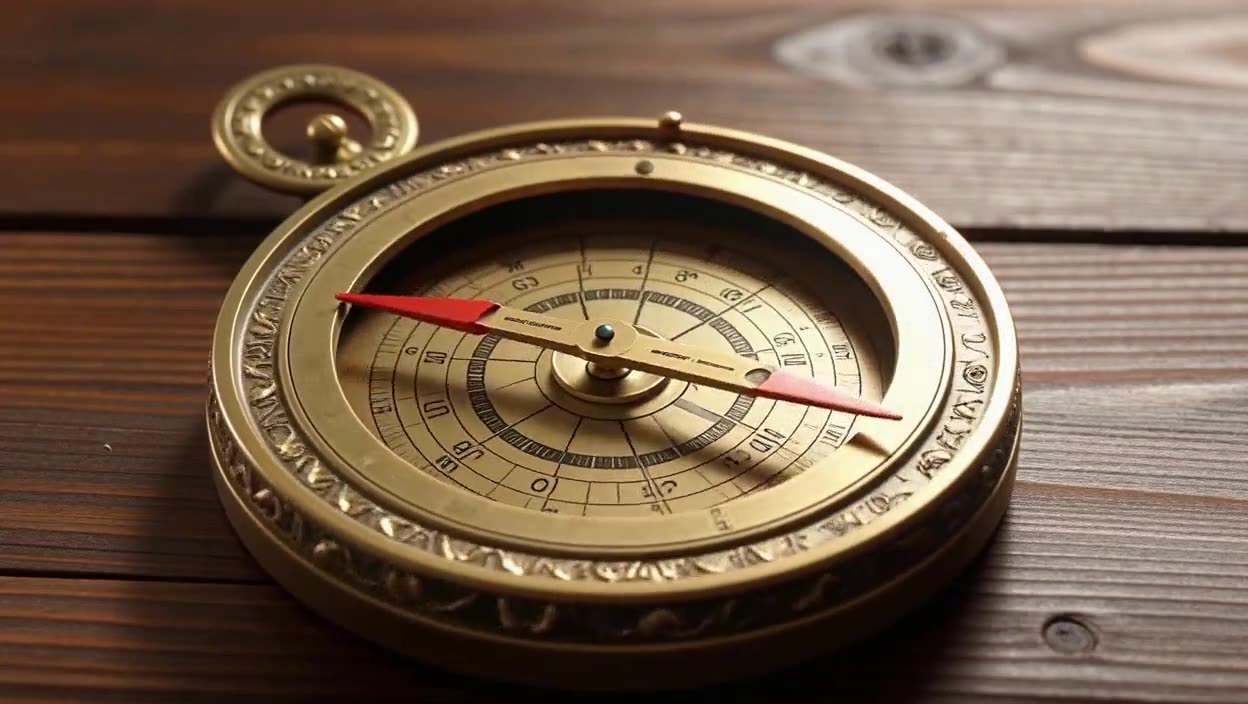 An ornate brass compass on warm wood