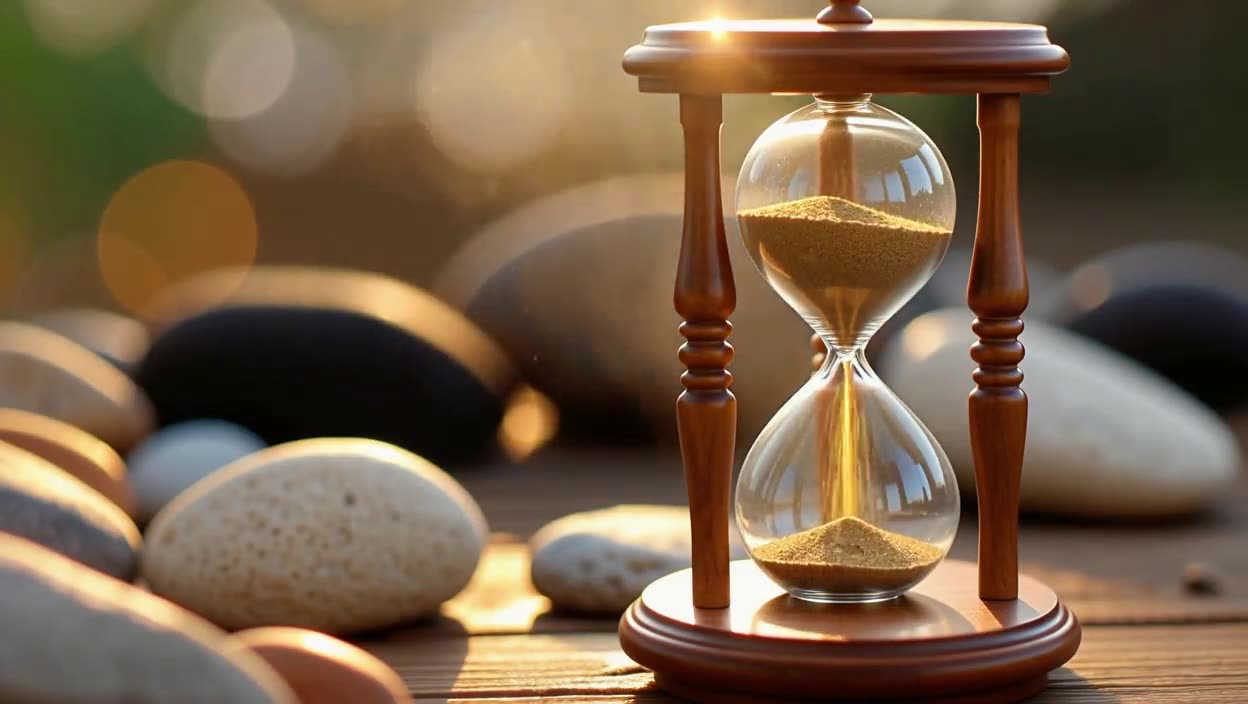 A wooden hourglass with golden sand on warm river stones