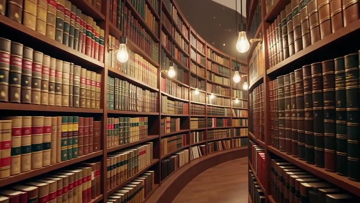 A curved library archive with warm hanging Edison bulbs